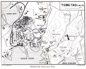 1912년 독일령 칭다오 지도. 시가지 주변에 병영, 포대, 화약고 등 군사 시설이 보인다.