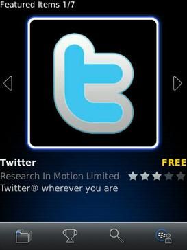 레거시 BlackBerry OS 기기(2013년 이전)의 추천 앱을 보여주는 BlackBerry App World 메인 화면