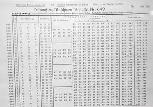 독일 공군 에니그마용 월간 키 목록 649번(8일마다 한 번씩 변경되는 재구성 가능한 반사판 설정 포함)