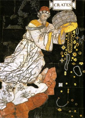 크라테스가 자신의 재산을 처분하다. 시에나 대성당의 지혜의 언덕의 알레고리에서. 핀투리키오의 바닥 모자이크 (c. 1505).