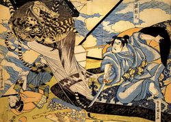 우타가와 쿠니요시가 안세이 시대 초기에 그린, 츠치구모 요괴를 물리치는 미나모토노 요리미츠의 모습