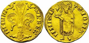 1349년과 1362년 사이에 주조된 "루이 왕과 조안나 여왕"의 프로방스 동전 (L· REX- E· I· REG).