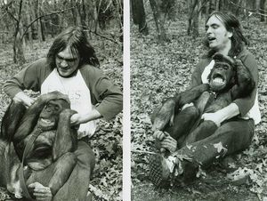 1980년 님 침스키가 영장류 연구소에서 밥 잉거솔과 함께 있는 모습. 잉거솔은 언어 연구가 끝난 후 님의 옹호자가 되었다.