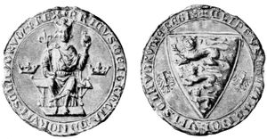 에리크 6세 (1286–1319 재위)의 인장. 두 마리 독수리는 그의 어머니인 브란덴부르크의 아그네스를 나타낸다.