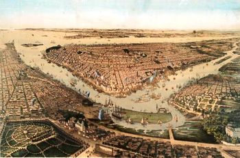 1859년 뉴욕시의 "조감도"; 월라바웃 베이와 이스트강이 전경에 있고, 허드슨강과 뉴욕만이 배경에 있다.