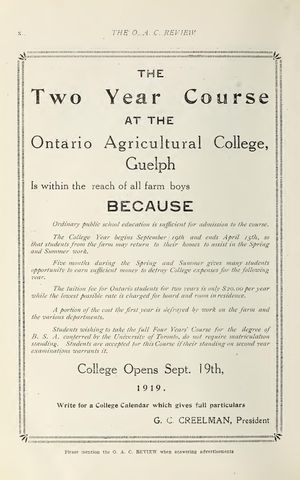 1919년 온타리오 농업대학에서 저렴한 학비에 대해 이야기하며 농부 소년을 모집하는 광고