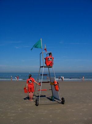 휴대용 하이 체어를 가진 벨기에 인명 구조원