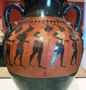 기원전 6세기의 죽마를 탄 사람들을 묘사한 고대 그리스 항아리
