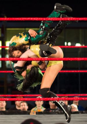 체리 밤이 링 오브 아너 테이핑 중 MsChif에게 DVD를 시전하고 있다.