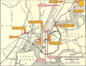 펜실베이니아 철도와 뉴헤이븐 철도가 1903년에서 1917년 사이에 수행하여 노선을 연결하고 사실상 노스이스트 코리더를 완성한 프로젝트의 주석이 달린 지도.