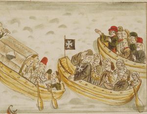 요한 로젤, 독일의 랑그 기사단장. 1446년 2월 취리히 구전쟁의 중재자로서 깃발에 팔각 십자가와 수도사 복장을 하고 있다(게롤트 에들리바흐의 연대기 삽화, c. 1500)