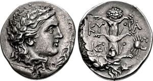 키레네의 마가스의 동전. 뒷면에는 실피움과 작은 게 기호가 새겨져 있다.