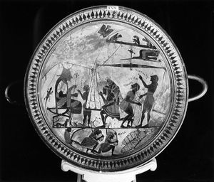 키레네에서 실피움을 무게를 재고 싣는 모습