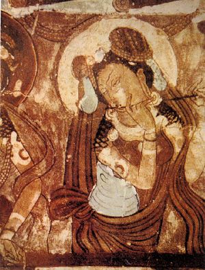 키질 석굴, 76호 동굴, 세부 묘사, 7세기, 쿠차, 츠파이의 발전에 영향을 미친 한 종류의 음악가 묘사