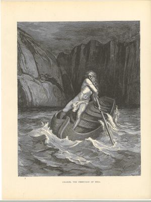 그리스 신화를 따라 카론은 아케론 강을 건너 영혼을 지옥으로 운반한다. 생전에 중립적이었던 자들은 강둑에 앉아 있다.