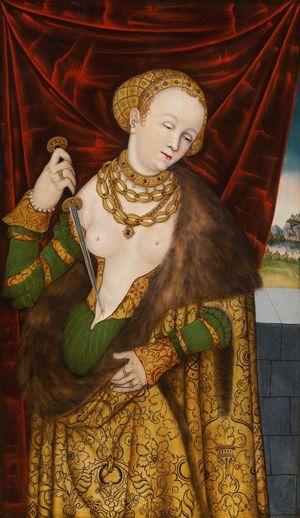 모노그라미스트 I.W.가 크라나흐 공방에서 활동하던 시절(1520-1540년경)에 그린 루크레티아 (1525년). 루크레티아가 자살하기 전 단검을 들고 있다.