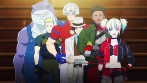 왼쪽부터 킹 샤크, 릭 플래그, 피스메이커, 클레이페이스, 데드샷, 할리 퀸으로 묘사된 '수어사이드 스쿼드 이세계'