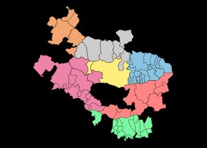 노랑: 비토리아, 주황: 아야라, 분홍: 아냐나, 회색: 수자, 파랑: 살바티에라, 빨강: 캄페소-몬타냐 아라베사, 녹색: 라과르디아-리오하 아라베사, 중앙의 공백 부분: 부르고스 도의 월경지