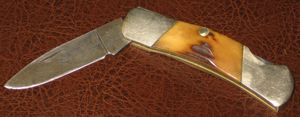 사슴 뿔 손잡이, 니켈-실버 볼스터, 황동 라이너를 가진 중간 크기의 락백 나이프