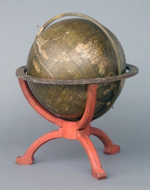 쇠너의 나무 프레임이 있는 육지 지구본, 1515년경, 나무, 마셰지, 프랑크푸르트 역사 박물관에서, 사진작가 우베 데트마르