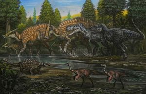 두 마리의 갈리미무스(오른쪽 앞)와 네메그트 지층의 동시대 공룡들