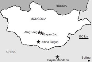 몽골 지도, 피나코사우루스 화석이 발견된 지역 표시
