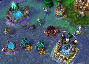 나가 기지에 서 있는 나가 유닛들. 생산 및 방어 건물 포함.