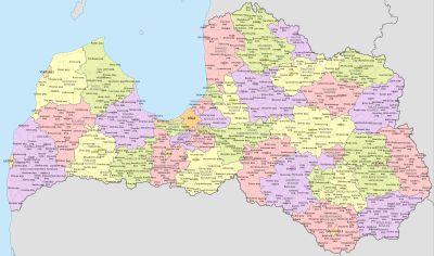 2022년 기준 라트비아의 국영 도시, 지방 자치 단체, 교구 및 마을