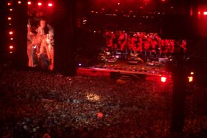 스프링스틴이 2009년 10월 자이언츠 스타디움에서 열린 마지막 공연에서 E 스트리트 밴드와 함께 "Hungry Heart"를 연주하며 관중 위로 이동하고 있다.