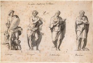 베르사유 궁전 정원을 위해 제작된 조각상 디자인으로, 왼쪽부터 담즙질, 다혈질, 흑담즙질, 점액질이다. (17세기)