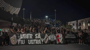 Peluza Nord Craiova & Ultras Antwerp in Craiova city at the Ion Oblemenco Stadium before match against Sepsi