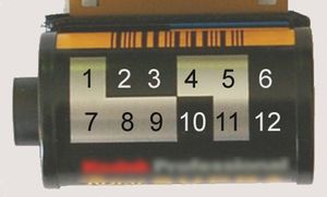 DX CAS 코드 위치; 이 필름은 ISO 400/27°로 평가되었으며, 24컷 길이와 ±1 스톱의 노출 허용 오차를 갖습니다.