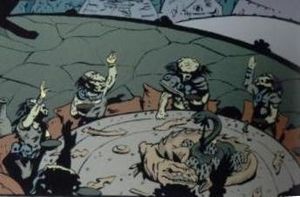 에일리언 대 프레데터: 삶과 죽음에 묶여에서 축하 연회에 참석한 프레데터 베테랑들