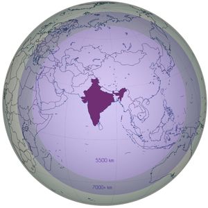 휠러 통합 시험장을 중심으로 한 아그니 5 ICBM의 공격 범위