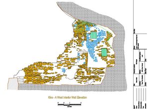 메사버드의 파이어 사원 키바 A의 단면도. CyArk(사이크)와 국립공원관리청의 협력으로 수집된 레이저 스캔 데이터에서 잘라낸 것이다. 파이어 사원은 건설된 절벽의 움푹 들어간 곳의 치수에 맞게 지어졌기 때문에, 키바로 정의되는 다른 구조물처럼 둥근 형태도 아니고 진정으로 지하에 있지도 않다.