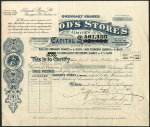 1903년 8월 7일 발행된 해러드 백화점 주식