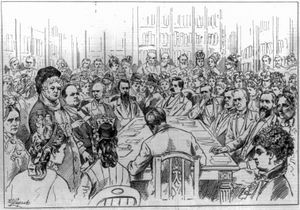 엘리자베스 캐디 스탠턴이 상원 특권 및 선거 위원회에 출석한 모습. 뉴욕 데일리 그래픽, 1878년 1월 16일, 501쪽