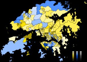 친민주 진영과 친중 진영 간의 득표율 차이에 따른 선거 결과 지도