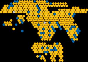 그리드형 선거 결과도. 노란색이 민주파, 파란색이 친중파, 회색은 중도파 진영이다.