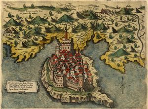 1573년 시몬 피나르젠티가 제작한 울친 지도 (이탈리아 지도에서는 "Dulcigno"로 표기)