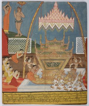 19세기 중반 버마. 마하카샤파가 아지비카 수행자를 만나(위), 부처의 다비식 제단 앞에서 부처의 발에 경의를 표하다(아래).