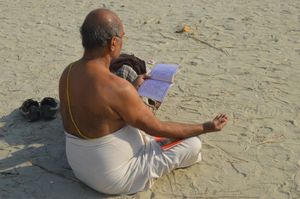 쿰브 멜라에서 신성한 책자(다양한 신의 "찰리사")를 읽으며 갠지스 강을 바라보는 신도
