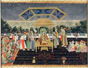 나데르 샤가 카르날 전투에서 승리한 후 공작 옥좌에 앉아 있다.