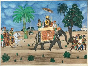 마하라자 굴라브 싱이 코끼리를 타고 있다.