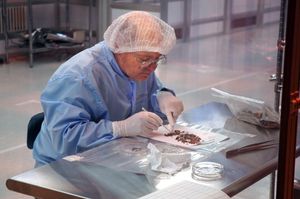 제네시스의 수석 연구원 도널드 버넷이 샘플 용기에서 나온 잔해를 분류하고 있다.