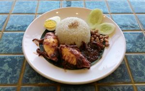 리아우 제도의 나시 르막은 보통 매콤한 칠리 오징어, 멸치 삼발, 땅콩, 삶은 달걀, 바왕 고렝을 뿌리고 오이 슬라이스와 함께 제공된다.