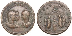 로마 건국 1000주년을 기념하는 메달. 전설: ("황제들의 화합, 새로운 시대").