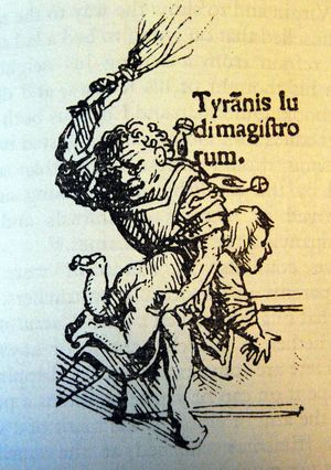 자작나무 채로 맞는 한 학생의 중세 묘사