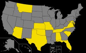 개즈던 깃발 특별 번호판을 제공하는 주(노란색) 지도