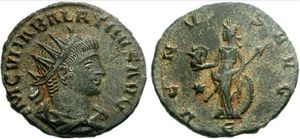 Vaballathus coin. 머리에 관을 쓴 남자의 머리가 새겨진 동전 앞면. 뒷면에는 여신이 묘사되어 있으며, 양쪽에 비문이 있다